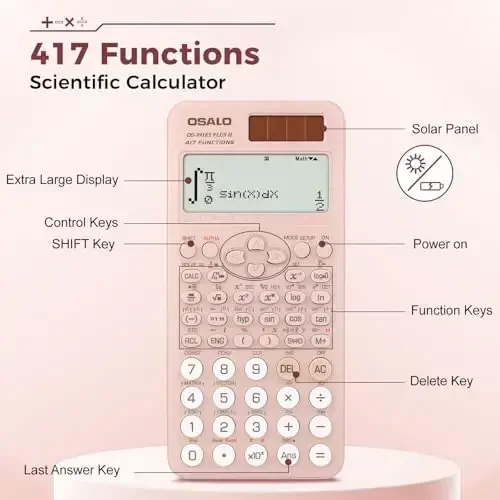 OSALO Scientific Calculator 417 Function 2 Line Written Display 10+2 Digits Solar and Battery Calculators for Students Secondary School College Pink (OS 991ES II) - 5