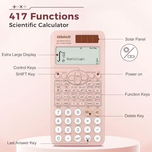 OSALO Scientific Calculator 417 Function 2 Line Written Display 10+2 Digits Solar and Battery Calculators for Students Secondary School College Pink (OS 991ES II) - 5