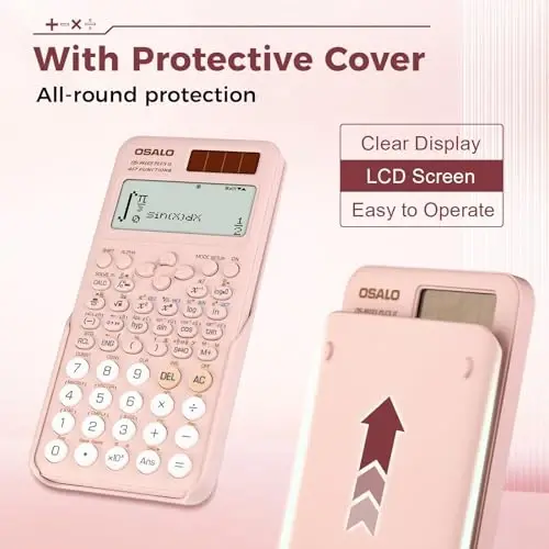 OSALO Scientific Calculator 417 Function 2 Line Written Display 10+2 Digits Solar and Battery Calculators for Students Secondary School College Pink (OS 991ES II) - OSALO