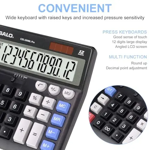 OSALO Desktop Calculator Extra Large Display 12 Digits Big Buttons Solar Accounting Calculator for Office Black (OS-200ML) - 3