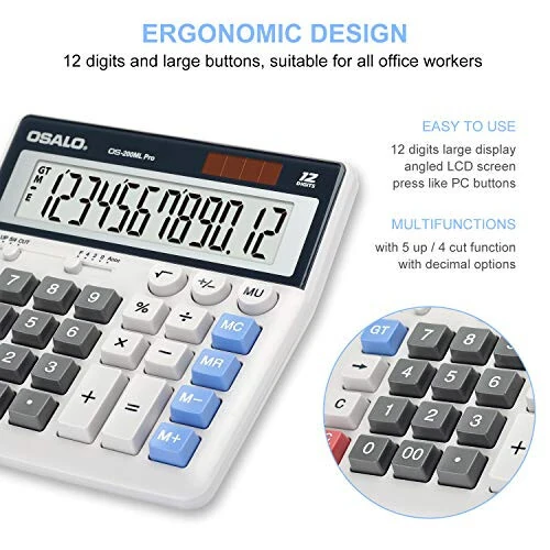 OSALO Desktop Calculator Extra Large Display 12 Digits Big Buttons Solar Accounting Calculator for Office (OS-200ML) - 4