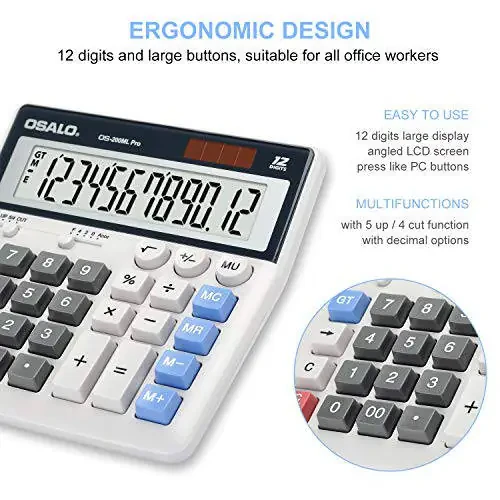 OSALO Desktop Calculator Extra Large Display 12 Digits Big Buttons Solar Accounting Calculator for Office (OS-200ML) - 4