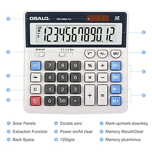 OSALO Desktop Calculator Extra Large Display 12 Digits Big Buttons Solar Accounting Calculator for Office (OS-200ML) - 6