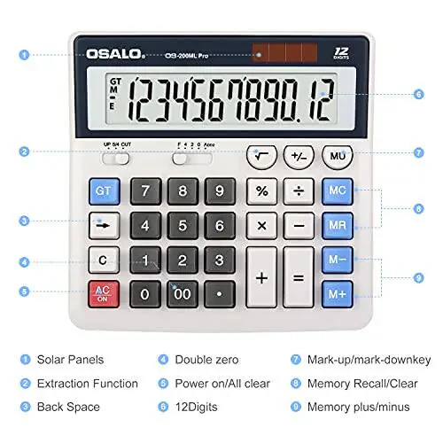 OSALO Desktop Calculator Extra Large Display 12 Digits Big Buttons Solar Accounting Calculator for Office (OS-200ML) - 6