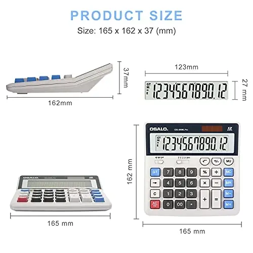 OSALO Desktop Calculator Extra Large Display 12 Digits Big Buttons Solar Accounting Calculator for Office (OS-200ML) - 3