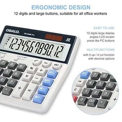 OSALO Desktop Calculator Extra Large Display 12 Digits Big Buttons Solar Accounting Calculator for Office (OS-200ML) - 4