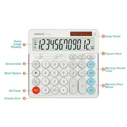 OSALO Desktop Calculator Extra Large Display 12-Digit Big Buttons Accounting Calculators Battery & Solar for Office Business (FQ-450 Extra Large) - 2