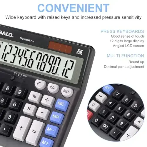 OSALO Desktop Calculator Extra Large Display 12 Digits Big Buttons Solar Accounting Calculator for Office Black (OS-200ML) - 3