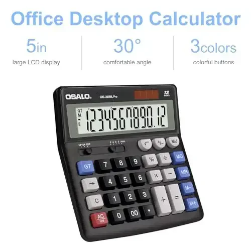 OSALO Desktop Calculator Extra Large Display 12 Digits Big Buttons Solar Accounting Calculator for Office Black (OS-200ML) - 4
