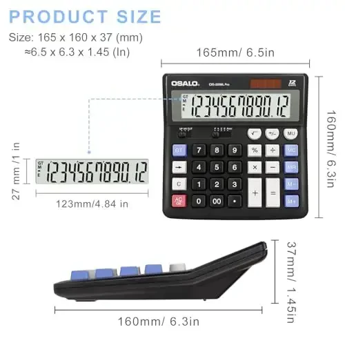 OSALO Desktop Calculator Extra Large Display 12 Digits Big Buttons Solar Accounting Calculator for Office Black (OS-200ML) - 6