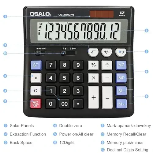 OSALO Desktop Calculator Extra Large Display 12 Digits Big Buttons Solar Accounting Calculator for Office Black (OS-200ML) - 7