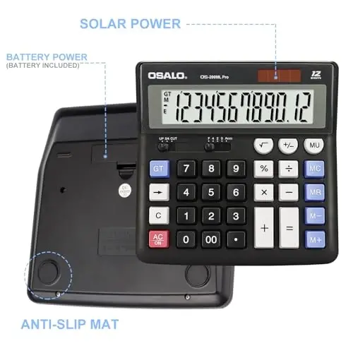 OSALO Desktop Calculator Extra Large Display 12 Digits Big Buttons Solar Accounting Calculator for Office Black (OS-200ML) - 5