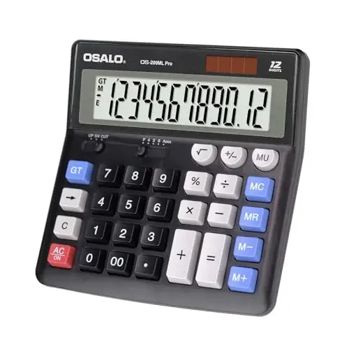 OSALO Desktop Calculator Extra Large Display 12 Digits Big Buttons Solar Accounting Calculator for Office Black (OS-200ML) - OSALO
