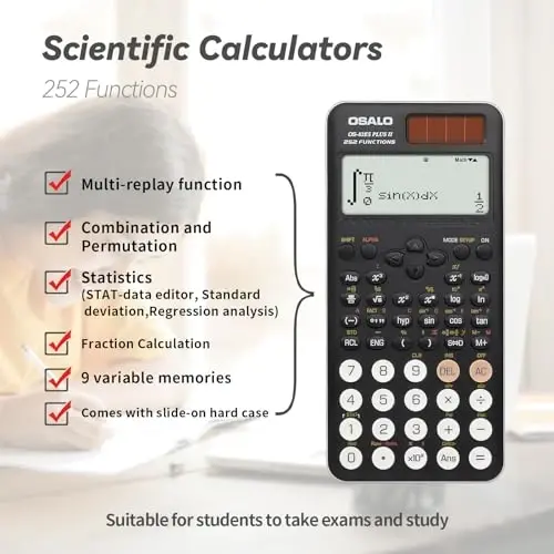 OSALO Scientific Calculator 252 Functions 2-line Written Display & Battery Solar Calculators for Secondary Students (OS-82ES-2) - 3