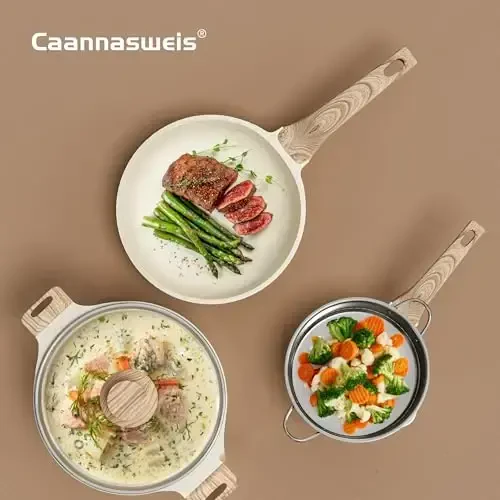 Oshxona idishlari to'plamlari, 21 dona qozon va tava to'plami yopishmaydigan, granit induksion idishlar bug 'savati bilan, yopishmaydigan pishirish qozon va tava to'plami, 4 stakan tuxumli tava to'plami, PFOS PFOA bepul, krem oq - 6