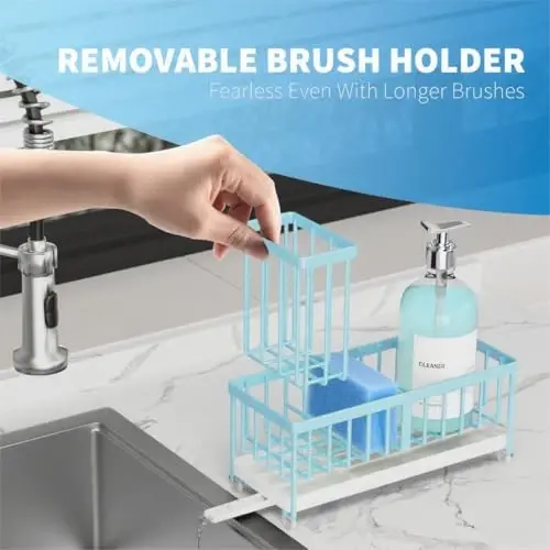 Oshxona lavabosi uchun Cisily Blue gubka ushlagichi, yuqori cho'tka ushlagichi bilan lavabo uchun caddy tashkilotchisi, oshxona peshtaxtasi tashkilotchilari va saqlash uchun zarur buyumlar, zanglamaydigan 304 zanglamaydigan po'lat, sovun dispenseri - 3