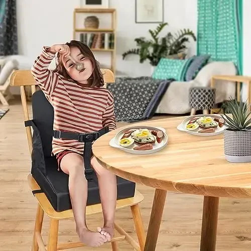 Oshxona stoli uchun Toddler Booster Seat, Stol uchun Booster Seat, 12.6x3.34 dyuymli sayohat uchun portativ baland stul, HOSEASCA ixcham yengil sayohat Booster Seat, chaqaloq uchun sozlanishi tasmali (qora) - 2