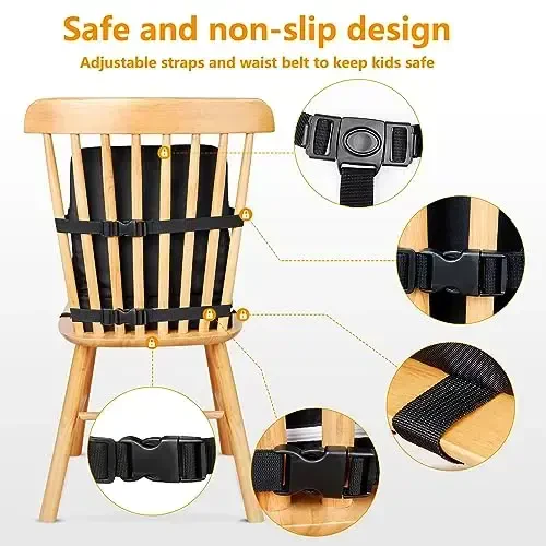 Oshxona stoli uchun Toddler Booster Seat, Stol uchun Booster Seat, 12.6x3.34 dyuymli sayohat uchun portativ baland stul, HOSEASCA ixcham yengil sayohat Booster Seat, chaqaloq uchun sozlanishi tasmali (qora) - 3
