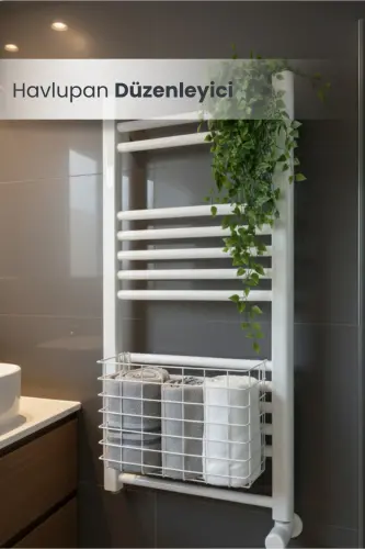 Osiladigan sochiq panjarasi, hammom sochiqni quritgich savati, hojatxona qog'ozi uchun oq rangli organizer. - 1