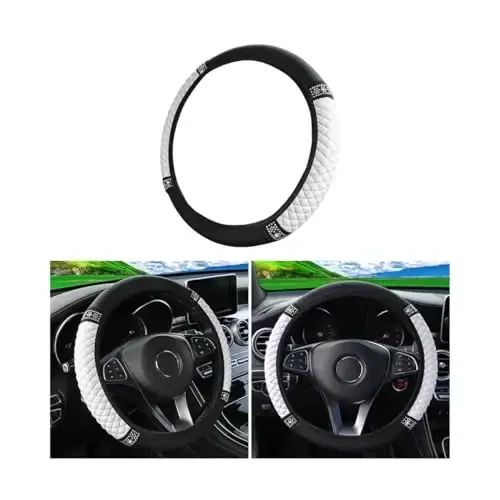 Osilly Bling Car Steering Wheel Cover, 15 Inch Rhinestones Soft Leather Elastic Steering Wheel Protector, Sparkly Crystal Diamond for Women Girls (White) - 1