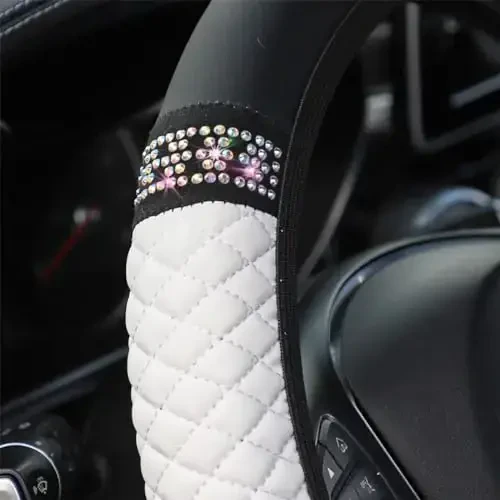 Osilly Bling Car Steering Wheel Cover, 15 Inch Rhinestones Soft Leather Elastic Steering Wheel Protector, Sparkly Crystal Diamond for Women Girls (White) - 4