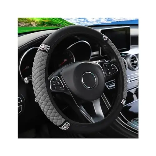 Osilly Bling Car Steering Wheel Cover, 15 Inch Rhinestones Soft Leather Elastic Steering Wheel Protector, Sparkly Crystal Diamond for Women Girls (Gray) 