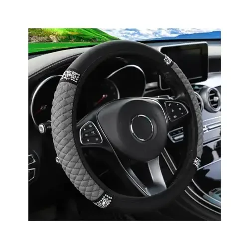 Osilly Bling Car Steering Wheel Cover, 15 Inch Rhinestones Soft Leather Elastic Steering Wheel Protector, Sparkly Crystal Diamond for Women Girls (Gray) - OSILLY