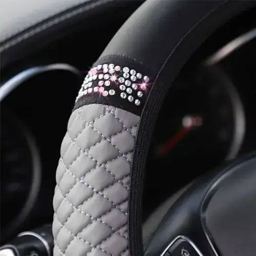 Osilly Bling Car Steering Wheel Cover, 15 Inch Rhinestones Soft Leather Elastic Steering Wheel Protector, Sparkly Crystal Diamond for Women Girls (Gray) - 4