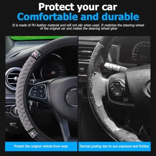 Osilly Bling Car Steering Wheel Cover, 15 Inch Rhinestones Soft Leather Elastic Steering Wheel Protector, Sparkly Crystal Diamond for Women Girls (Gray) - 3