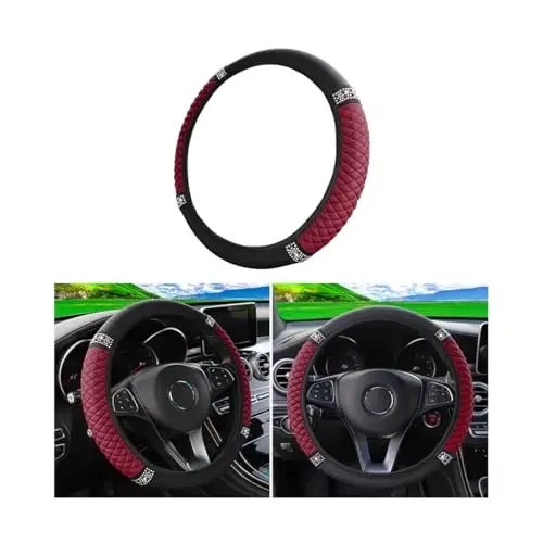 Osilly Bling Car Steering Wheel Cover, 15 Inch Rhinestones Soft Leather Elastic Steering Wheel Protector, Sparkly Crystal Diamond for Women Girls (Wine Red) - 1