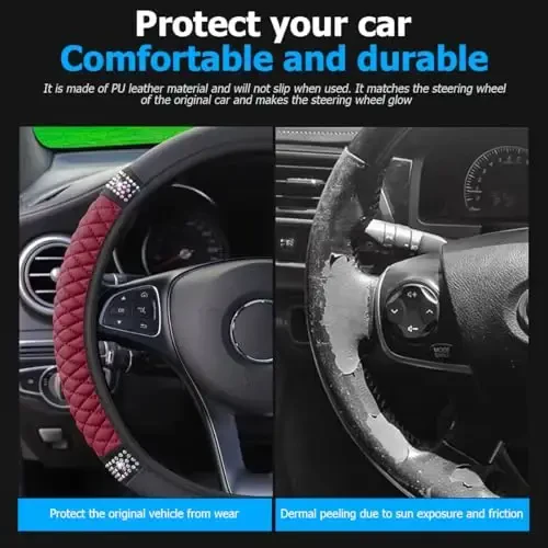 Osilly Bling Car Steering Wheel Cover, 15 Inch Rhinestones Soft Leather Elastic Steering Wheel Protector, Sparkly Crystal Diamond for Women Girls (Wine Red) - 3
