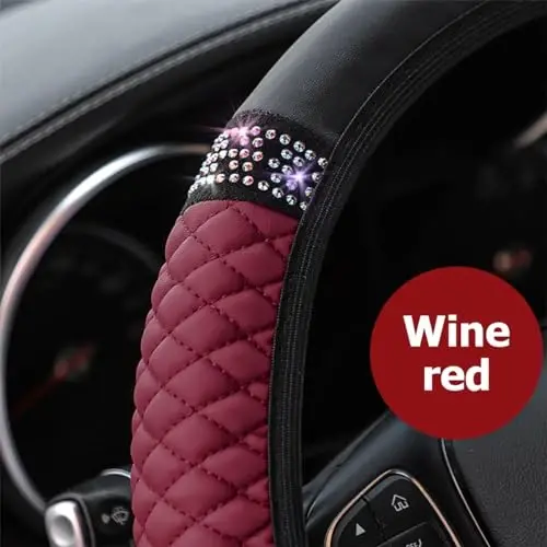 Osilly Bling Car Steering Wheel Cover, 15 Inch Rhinestones Soft Leather Elastic Steering Wheel Protector, Sparkly Crystal Diamond for Women Girls (Wine Red) - 4
