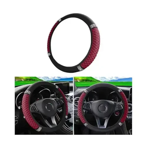 Osilly Bling Car Steering Wheel Cover, 15 Inch Rhinestones Soft Leather Elastic Steering Wheel Protector, Sparkly Crystal Diamond for Women Girls (Wine Red) 