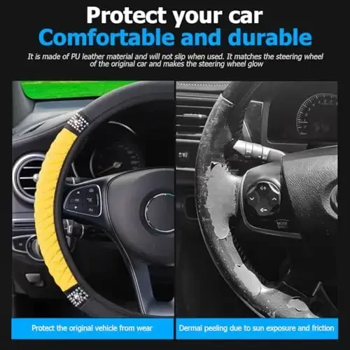 Osilly Bling Car Steering Wheel Cover, 15 Inch Rhinestones Soft Leather Elastic Steering Wheel Protector, Sparkly Crystal Diamond for Women Girls (Yellow) - 3