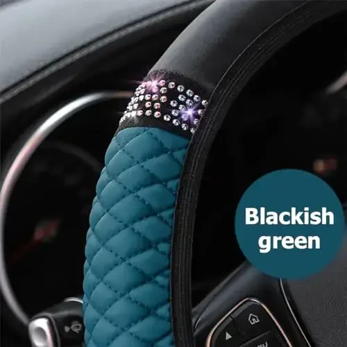 Osilly Bling Car Steering Wheel Cover, 15 Inch Rhinestones Soft Leather Elastic Steering Wheel Protector, Sparkly Crystal Diamond for Women Girls (Black Green) - 5