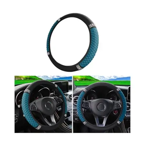 Osilly Bling Car Steering Wheel Cover, 15 Inch Rhinestones Soft Leather Elastic Steering Wheel Protector, Sparkly Crystal Diamond for Women Girls (Black Green) - 3