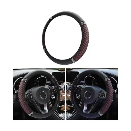 Osilly Bling Car Steering Wheel Cover, 15 Inch Rhinestones Soft Leather Elastic Steering Wheel Protector, Sparkly Crystal Diamond for Women Girls (Black/Red) 
