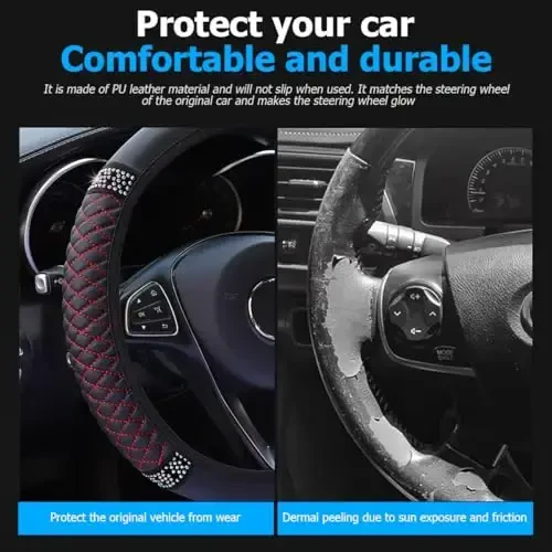 Osilly Bling Car Steering Wheel Cover, 15 Inch Rhinestones Soft Leather Elastic Steering Wheel Protector, Sparkly Crystal Diamond for Women Girls (Black/Red) - 3