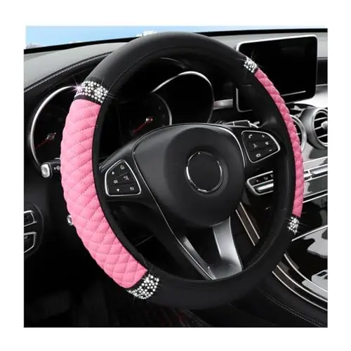 Osilly Bling Car Steering Wheel Cover, 15 Inch Rhinestones Soft Leather Elastic Steering Wheel Protector, Sparkly Crystal Diamond for Women Girls, Car Interior Accessories for Most Cars (Pink) - OSILLY