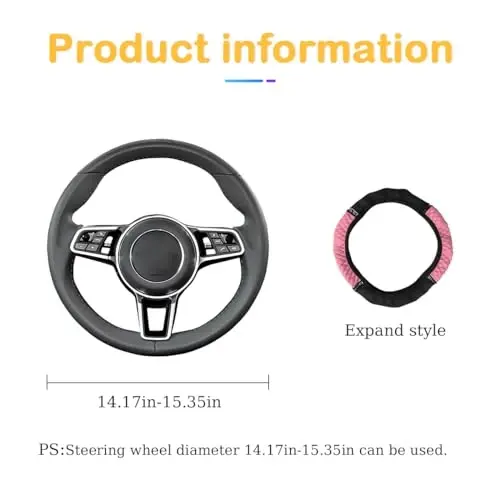 Osilly Bling Car Steering Wheel Cover, 15 Inch Rhinestones Soft Leather Elastic Steering Wheel Protector, Sparkly Crystal Diamond for Women Girls, Car Interior Accessories for Most Cars (Pink) - 2