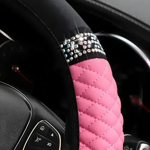 Osilly Bling Car Steering Wheel Cover, 15 Inch Rhinestones Soft Leather Elastic Steering Wheel Protector, Sparkly Crystal Diamond for Women Girls, Car Interior Accessories for Most Cars (Pink) - 3