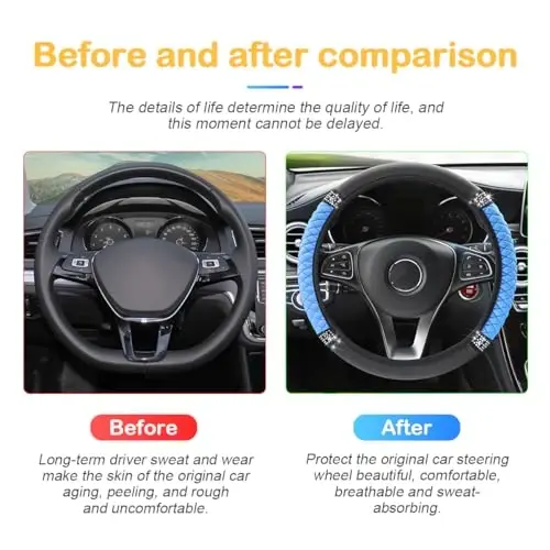Osilly Bling Car Steering Wheel Cover, 15 Inch Rhinestones Soft Leather Elastic Steering Wheel Protector, Sparkly Crystal Diamond for Women Girls, Car Interior Accessories for Most Cars (Blue) - 5