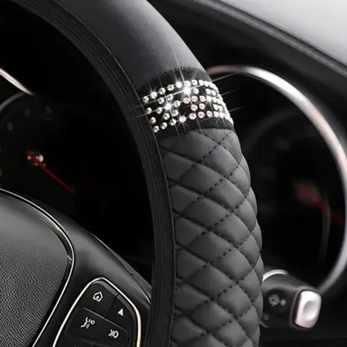 Osilly Bling Avtomobil Rul G'ildirag'i Qopqog'i, 15 Dyuymli Rhinestones Yumshoq Teri Elastik Rul G'ildirag'i Himoyachi, Yorqin Kristal Olmos Ayol va Qizlar Uchun, Ko'pchilik Avtomobillar Uchun Avtomobil Ichki Aksessuarlari (Qora) - 3