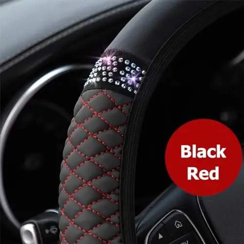 Osilly Bling Avtomobil Rul G'ilofi, 15 dyuymli Rhinestones Yumshoq Teri Elastik Rul Himoyachisi, Ayollar Qizlar uchun Yorqin Kristalli Olmos (Qora/Qizil) - 4