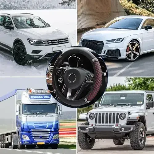 Osilly Bling Avtomobil Rul G'ilofi, 15 dyuymli Rhinestones Yumshoq Teri Elastik Rul Himoyachisi, Ayollar Qizlar uchun Yorqin Kristalli Olmos (Qora/Qizil) - 6