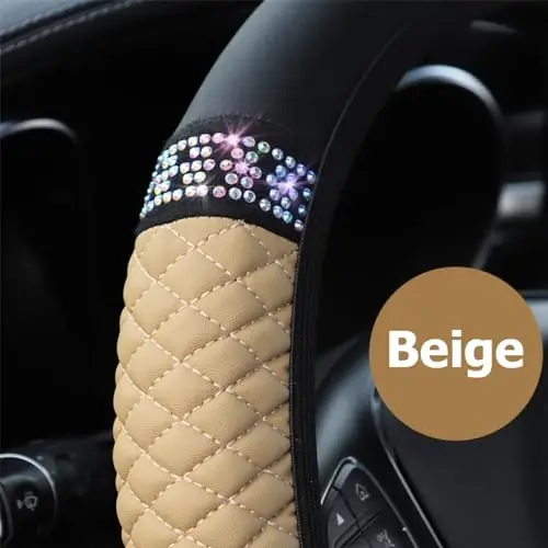 Osilly Bling Avtomobil Rul G'ilofi, 15 dyuymli Rinstones Yumshoq Teri Elastik Rul Himoyachisi, Ayollar Qizlar uchun Yorqin Kristalli Olmos (Bej) - 4