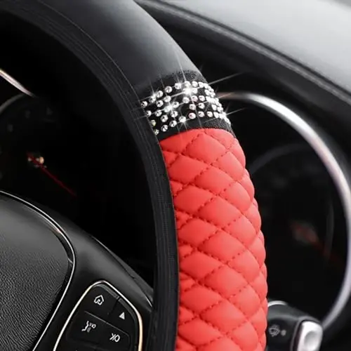 Osilly Bling Avtomobil Ruli G'ilofi, 15 dyuymli Rhinestones Yumshoq Teri Elastik Rul Himoyachisi, Ayollar uchun yorqin billur olmos, Ko'pgina avtomobillar uchun avtomobil ichki qismlari (Qizil) - 3