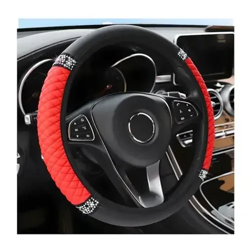 Osilly Bling Avtomobil Ruli G'ilofi, 15 dyuymli Rhinestones Yumshoq Teri Elastik Rul Himoyachisi, Ayollar uchun yorqin billur olmos, Ko'pgina avtomobillar uchun avtomobil ichki qismlari (Qizil) 