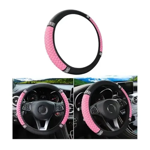 Osilly Bling Avtomobil Rulining G'ilofi, 15 dyuymli Rhinestones Yumshoq Charm Elastik Rul Himoyachisi, Ayollar Qizlar uchun Yorqin Kristalli Olmos, Ko'pgina Avtomobillar uchun Avtomobil Ichki Aksessuarlari (Pushti) 