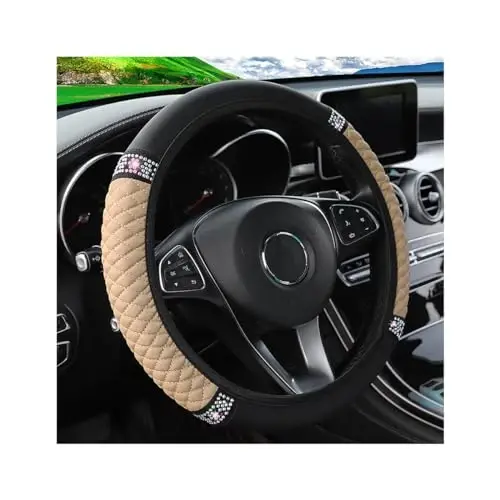 Osilly Bling Car Steering Wheel Cover, 15 Inch Rhinestones Soft Leather Elastic Steering Wheel Protector, Sparkly Crystal Diamond for Women Girls (Beige) - 1
